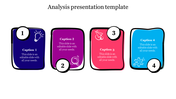 Analysis PPT slide with four colorful text boxes and unique icons for each stage of the process with captions.