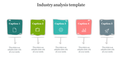 Five colorful boxes in teal, green, blue, pink, and gray arranged horizontally with icons and captions below arrows.