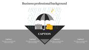 A business themed background PPT slide featuring an umbrella, briefcase, and coins, with rain and lightning with captions.