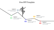 Free timeline with five numbered steps in colored circles and a silhouette figure at the center, with captions beside each.