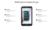 Central smartphone image displaying app icons with six captions in black squares evenly placed around it.
