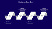 Business themed slide with a folded ribbon shape and four icons representing stages, accompanied by caption areas.