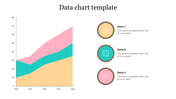 Slide with a stacked area chart in shades of pink, green, and yellow, and three matching circular data labels on the right.