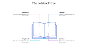An open notebook illustration in blue at the center, with colorful connectors leading to captions in four corners.