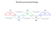Timeline PPT slide design featuring labeled years from 2017 to 2021 with icons representing different themes for each year.