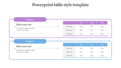 Two horizontal table designs in purple and blue, each with text boxes and grids, aligned on a white background.