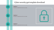 Cybersecurity template with three circular icons and a large lock graphic in green theme, on a gray background.