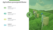 Agriculture themed slide with numbered captions on left and a photo of farmers in green fields with baskets on the right.