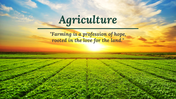 Green crops stretch to a bright yellow and orange sunset with title and a quote centered above the horizon.