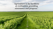 Symmetrical rows of green crops stretch into distance under cloudy sky, with centered text overlay at the top.