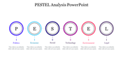 PESTEL analysis layout with connected round icons and colored labels beneath, each followed by a short text area.
