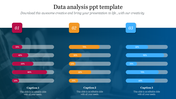 Colorful data analysis PowerPoint slide with three groups of progress bars showing percentages for each section.