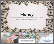 PowerPoint slides with a money themed background featuring scattered dollar bills and financial quotes for presentations.