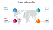 World map infographic with four harvey ball charts in blue, pink, teal, and orange, showing varying percentage values.