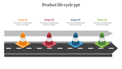 Product life cycle PowerPoint slide with four traffic cones representing stages 01 to 04 along a road with placeholder text.
