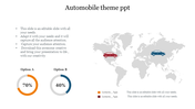 Automobile slide showcasing a map, two car icons, and circular data charts labeled Option A and B.