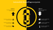 Automobile-themed slide with a car icon divided between yellow and black backgrounds, arrows, and icons.
