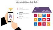 Slide featuring a hand using a smart home app on a phone with three captions, and a grid of device icons on the right.