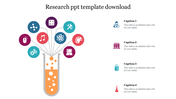 Test tube illustration with bubbles rising, connected to eight research-related icons, with four caption areas.