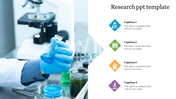 Research slide showing gloved hand holding a beaker with blue liquid, microscope and lab glassware in background.