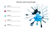 Science slide with a liquid splash cutout revealing a lab flask image and five caption areas with colorful icons on the left.