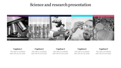 PowerPoint slide with scientific research images, including a microscope, test tubes, and lab experiments with captions.
