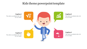 Kids themed slide with a smiling cartoon boy and four speech bubbles featuring icons for math, science, health, and learning.