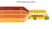School themed PowerPoint slide with a yellow school bus and four colorful sections for different topics with icons.