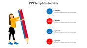 Kids design slide with girl holding a giant pencil on left and four round icons with captions aligned vertically on right.