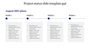 Project status PPT slide with a timeline showing four weeks, each with text boxes for project plans on a white backdrop.