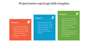 Three colored boxes in red, blue, and green, arranged in a row, each representing a different project with text inside.