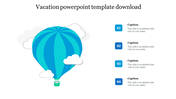 Vacation slide with a large blue hot air balloon floating among clouds, and four blue caption boxes aligned on the right.
