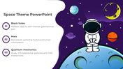 Astronaut illustration in space with bullet points about black holes, Mars, and quantum mechanics on a purple background.