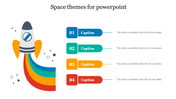 Rocket graphic with rainbow trail on the left linked with four numbered captions in colored tabs on the right.