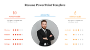 Resume design showing skill proficiencies in creative and software categories using dots beside each skill, with a profile.