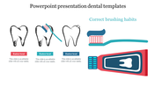 Dental template with three tooth illustrations, brushing steps, and a toothpaste with a toothbrush.