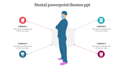 A dental themed PowerPoint slide with an illustration of a dentist and icons representing dental care with captions.