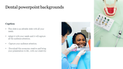 Slide with a left aligned text section and two panel images of dental consultation and tools on a green background.