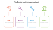 Minimalist tool-themed slide showing colorful icons for drill, hammer, wrench, and nail gun with caption areas.