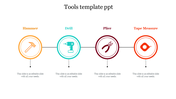 Horizontal line with four circular icons in orange, teal, maroon, and red, each representing a different tool.