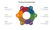 PPT slide featuring a circular diagram with tool icons brace, caliper, ruler, compass, screws, and pencil with text area.