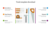 Tool infographic with central grid showing six tools, each paired with matching colored text captions on left and right side.