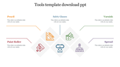 Tools PPT template featuring colorful icons for pencil, safety glasses, varnish, paint roller, and spread with text area.