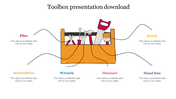Toolbox illustration displaying various hand tools, including a wrench and a screwdriver, with labels pointing out each tool.