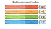 Four horizontal hand drawn blocks in red, orange, green, and blue with captions and sketch style directional arrow icons.
