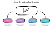 Hand drawn infographic with a central chart icon above four rounded caption boxes in pink, purple, blue, and teal.