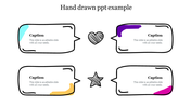 Hand drawn slide with four four rectangular speech bubbles in black outlines, accented with blue, purple, yellow, and pink.