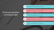PowerPoint slide featuring a contract document with placeholder text sections labeled for signatures.