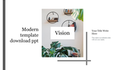Slide with a stylish room image, featuring round wall shelves, green plants, and gray decorative lines.