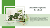 Modern slide design featuring stacked photo frames with green plants on the left and text area on the right.